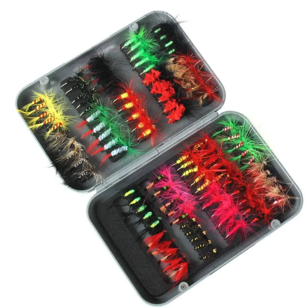 100pcs Fly Fishing Flies Kit Dry Wet Fly Fishing Flies Assortment with Fly Box Trout Bass for Freshwater Seawater Fishing