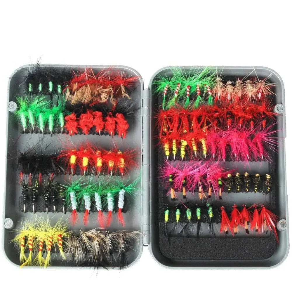 100pcs Fly Fishing Flies Kit Dry Wet Fly Fishing Flies Assortment with Fly Box Trout Bass for Freshwater Seawater Fishing