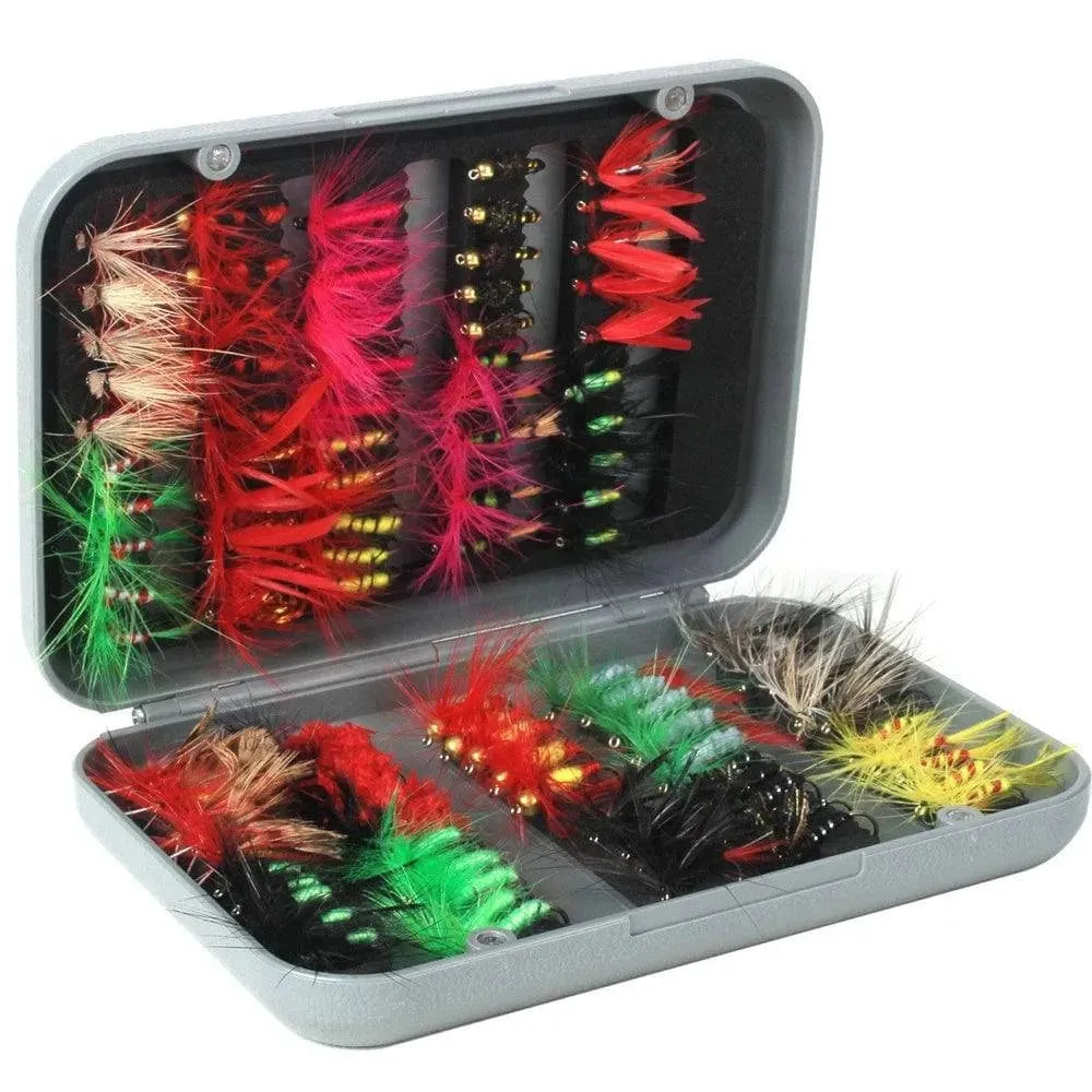 100pcs Fly Fishing Flies Kit Dry Wet Fly Fishing Flies Assortment with Fly Box Trout Bass for Freshwater Seawater Fishing