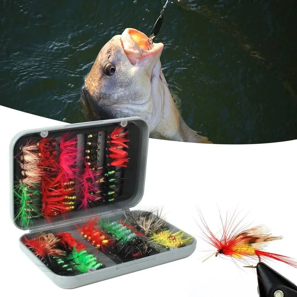 100pcs Fly Fishing Flies Kit Dry Wet Fly Fishing Flies Assortment with Fly Box Trout Bass for Freshwater Seawater Fishing