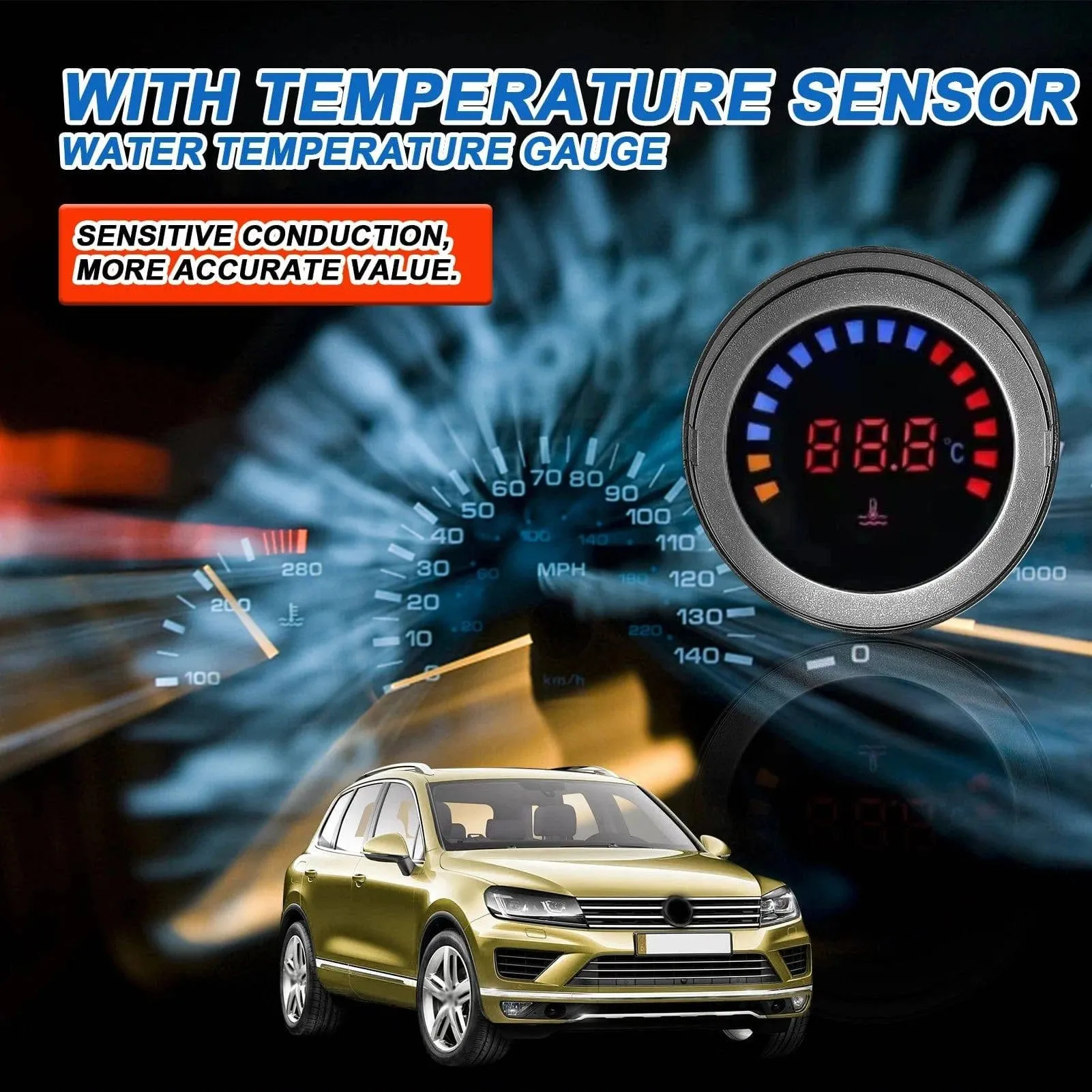 52mm Water Temperature Gauge Car Digital Meter LED Display 0-120℃ with Sensor Alarm Function for Car Truck Motorcycle