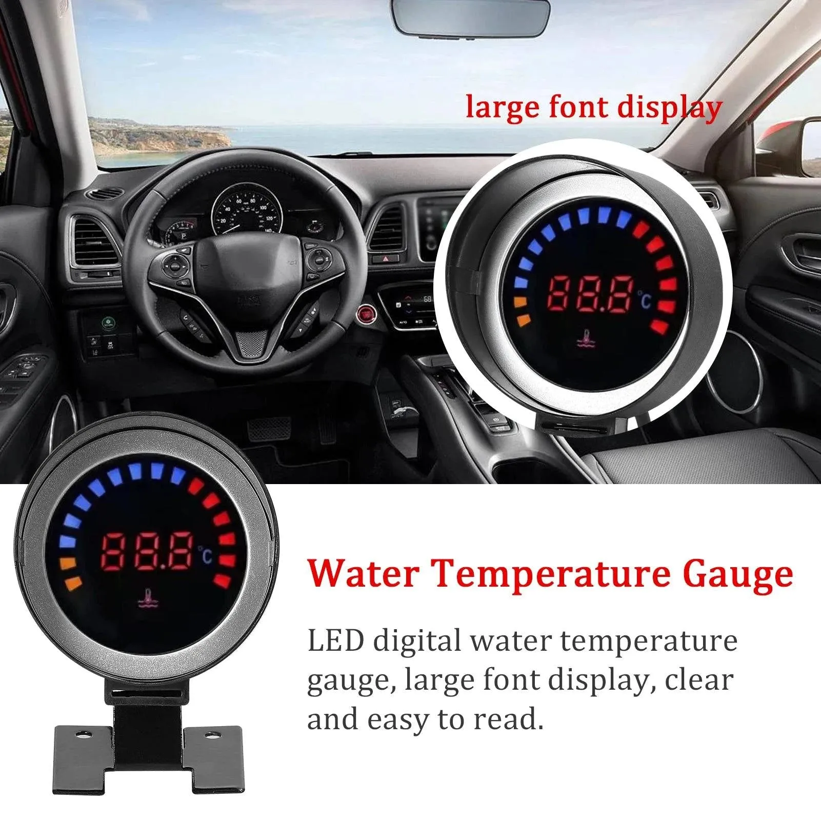 52mm Water Temperature Gauge Car Digital Meter LED Display 0-120℃ with Sensor Alarm Function for Car Truck Motorcycle