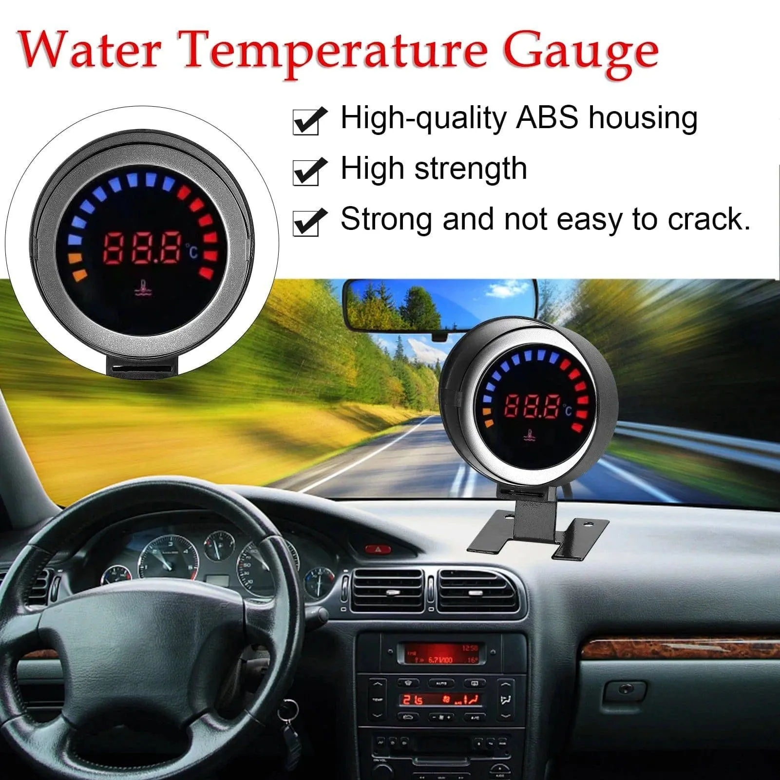 52mm Water Temperature Gauge Car Digital Meter LED Display 0-120℃ with Sensor Alarm Function for Car Truck Motorcycle