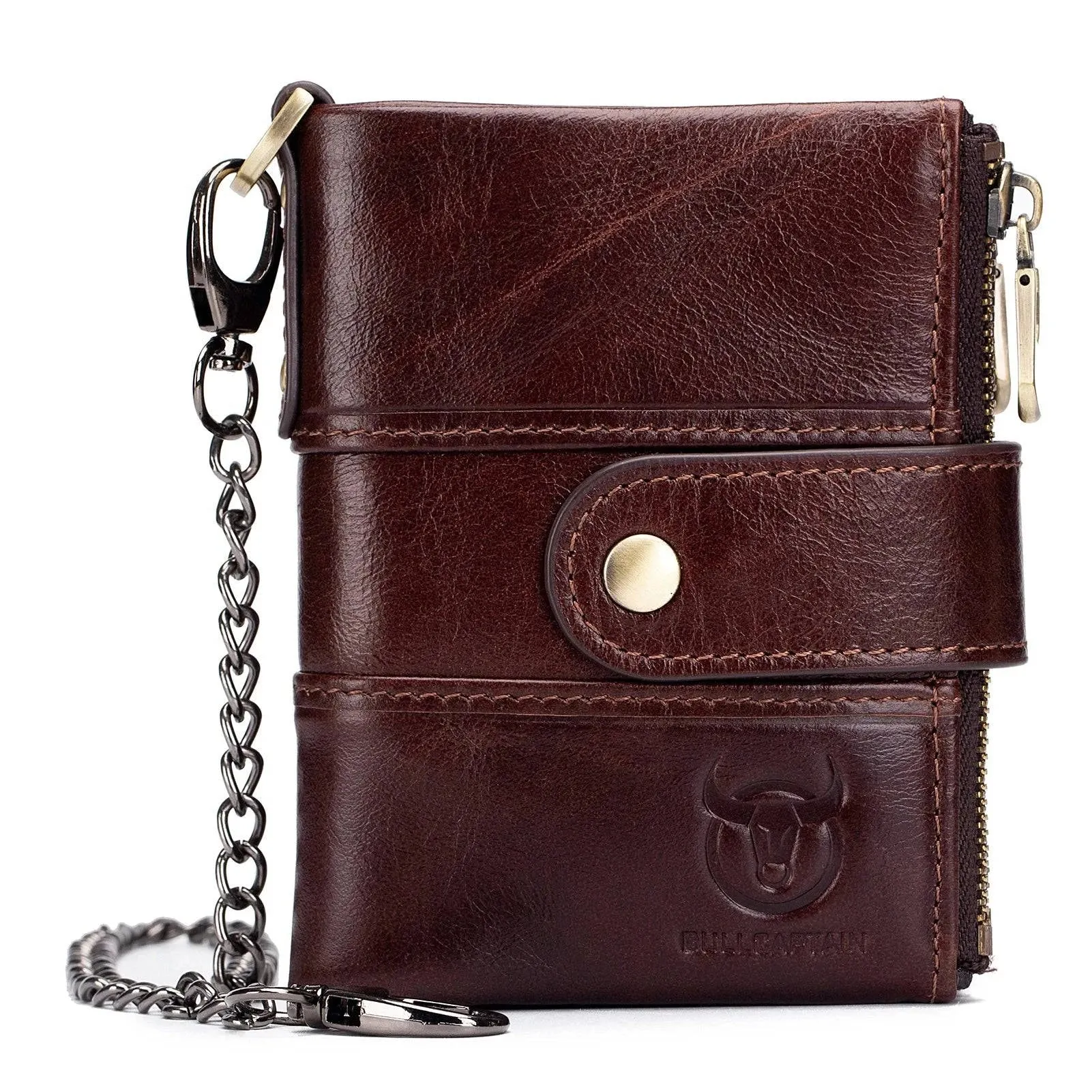 BULLCAPTAIN Durable Men Vintage Cow Leather Wallet Card Holder Foldable Wallet Purse with Chain Black / Coffee / Brown 2021