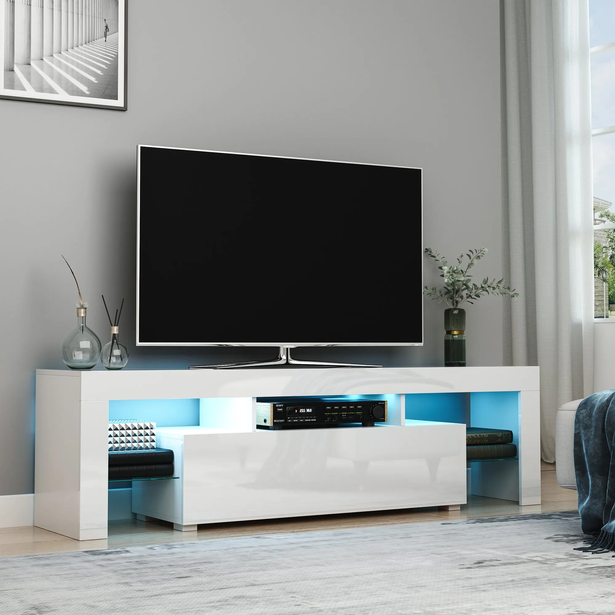 High Gloss TV Stand Cabinet with LED RGB Lights and Remote Control for TVs up to 65", Media TV Console Table with Storage Compartment, White