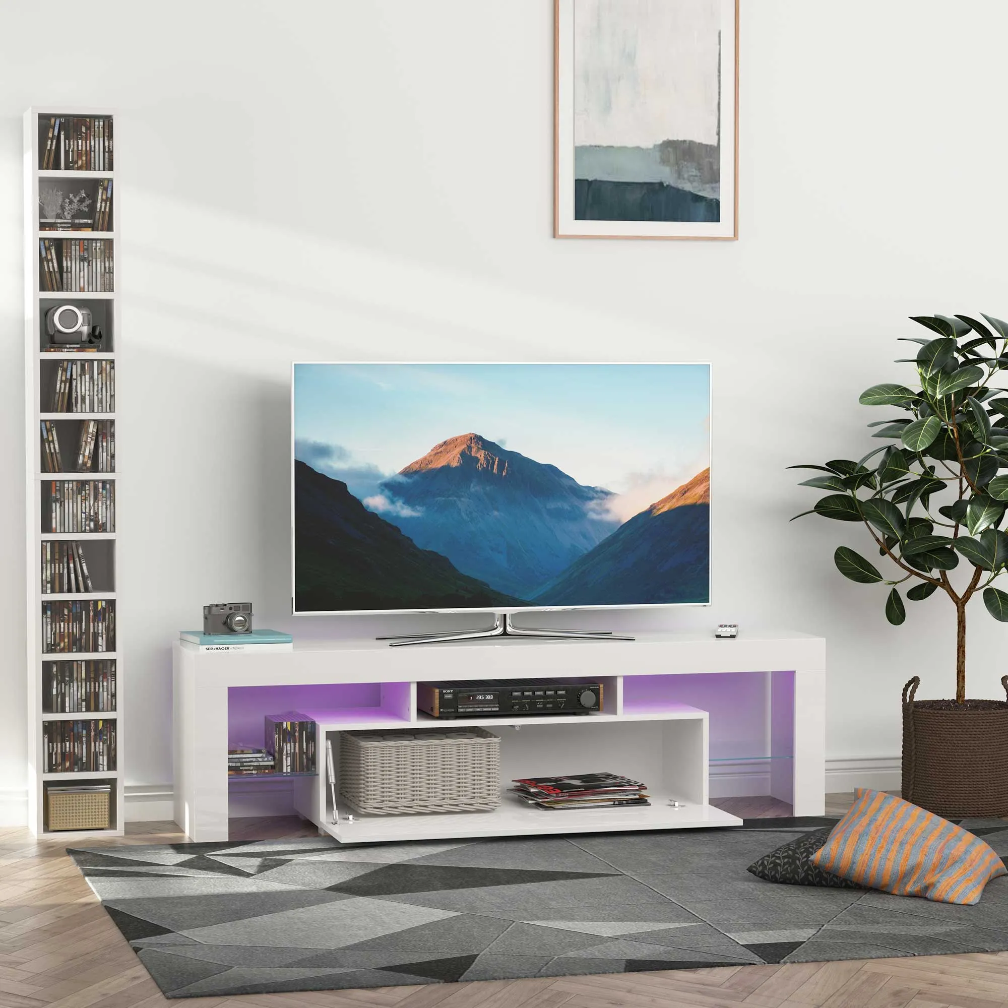 High Gloss TV Stand Cabinet with LED RGB Lights and Remote Control for TVs up to 65", Media TV Console Table with Storage Compartment, White