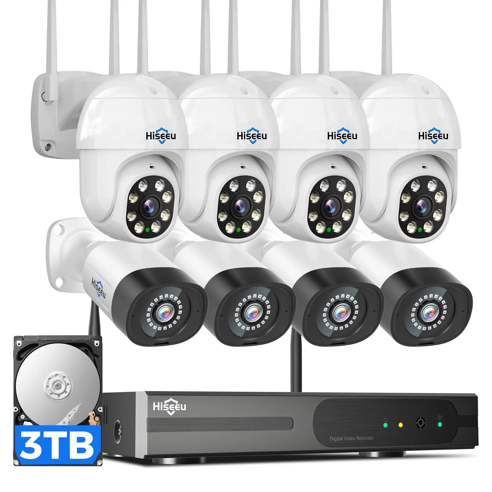 Hiseeu Wireless Security Cameras System [Wifi Pro] 5MP PTZ& Bullet Bundle 8PCS Outdoor Cameras IP66 Waterproof -Motion Alert Wide Angle with 3TB Storage Surveillance NVR Kit