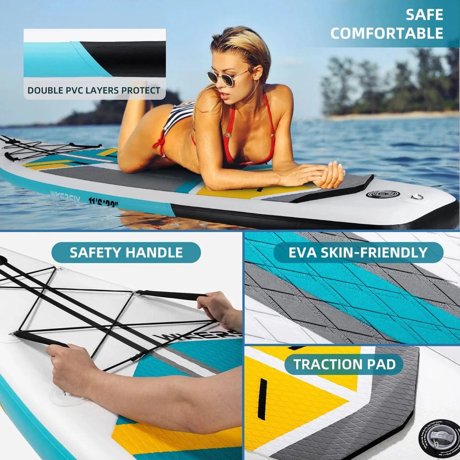 Inflatable Stand Up Paddleboard SUP Board 6 Inch Thick Surfboard Surf Set with Surf Fin Coiled Leash Inflator Pump Carry Bag