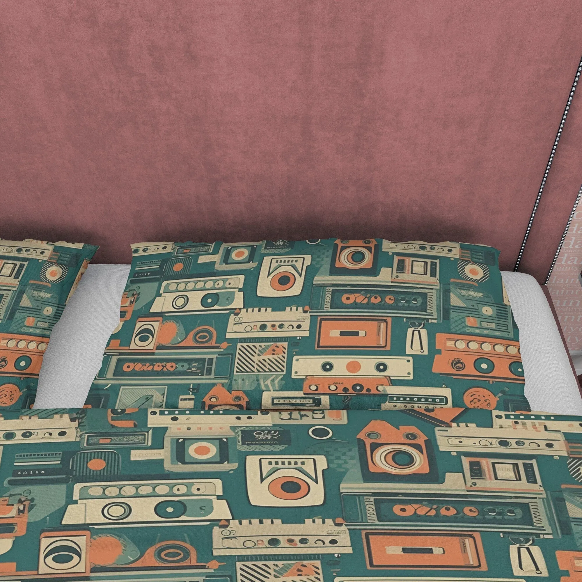 Vintage Gadget Geometric Duvet Cover Retro Bedding Set, Unique Audio Speaker Green Blanket Cover,  Old Camera Quilt Cover, Zipper Bedding