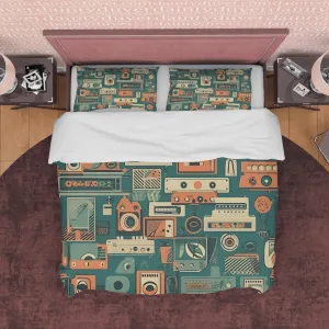 Vintage Gadget Geometric Duvet Cover Retro Bedding Set, Unique Audio Speaker Green Blanket Cover,  Old Camera Quilt Cover, Zipper Bedding